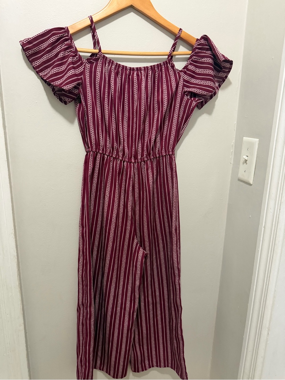 Lily Bleu One-Shoulder Striped Jumpsuit in Burgundy and White